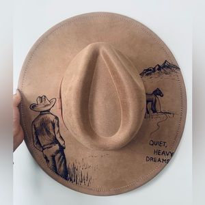 Zach Bryan inspired wide brim felt hat woodburned with Quiet Heavy Dreams album